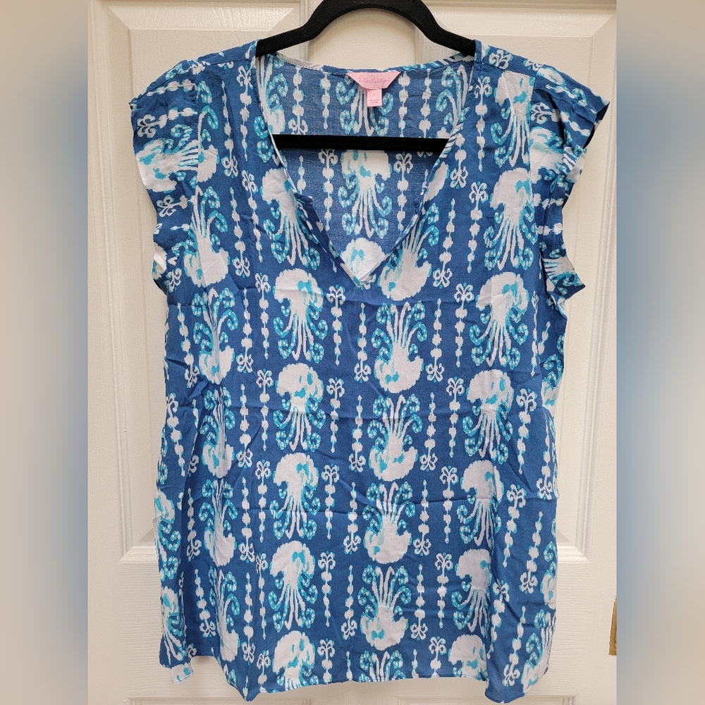 Lilly Pulitzer Shelley Get In Line Jellyfish Blue & White Women's Top Size Small